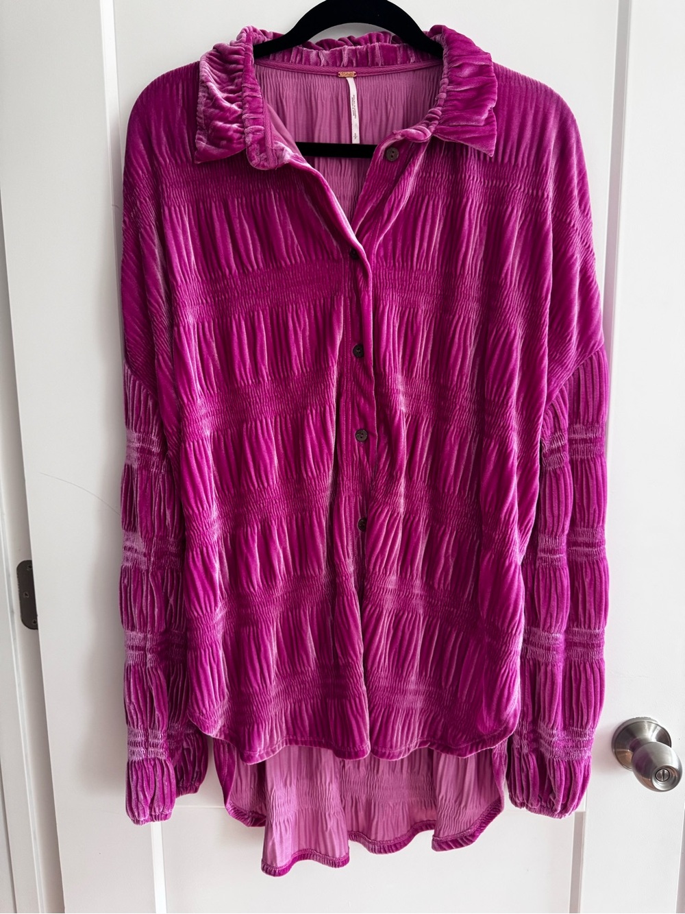 Free People Velvet Top- Fuchsia Button-Front Velvet Shirt - Long Sleeve